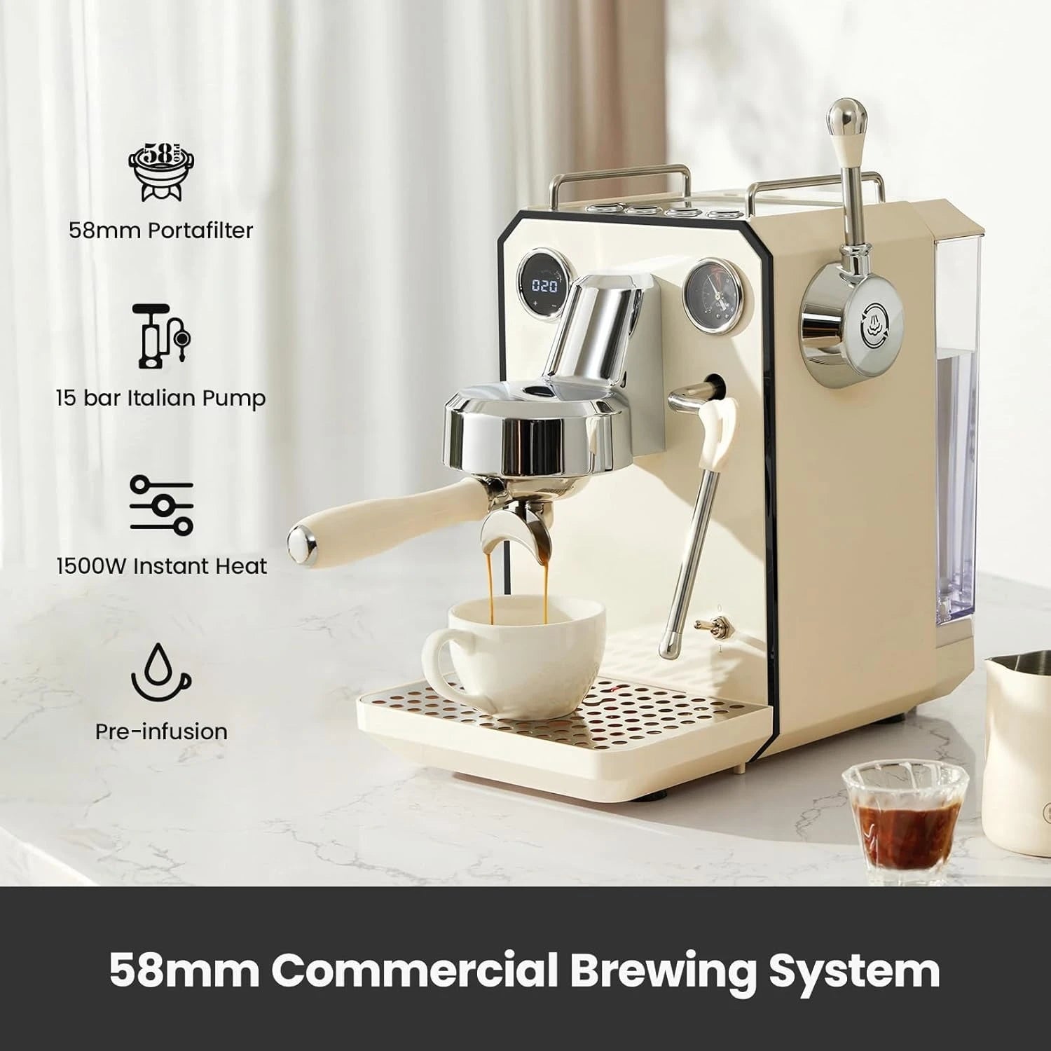 Espresso Machine, 15 Bar Professional Semi-Automatic Espresso Maker with Milk Frother Steam Wand, 57oz Removable Water Tank