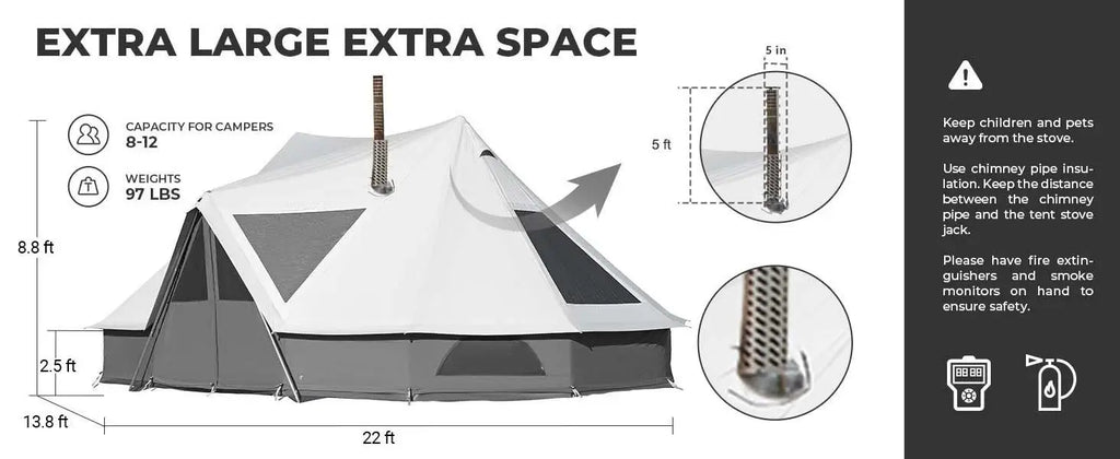 YC-Canvas Bell Yurt Tents, 4 Seasons Large Waterproof & Windproof Luxury Glamping Tent w/Stove Jack for Family Outdoor Camping,