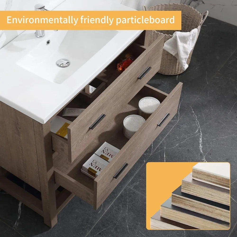 32" Bathroom Vanity and Sink Combo Cabinet Undermount Ceramic Vessel Sink Chrome Faucet Drain with Mirror and Shelf Vanities Se