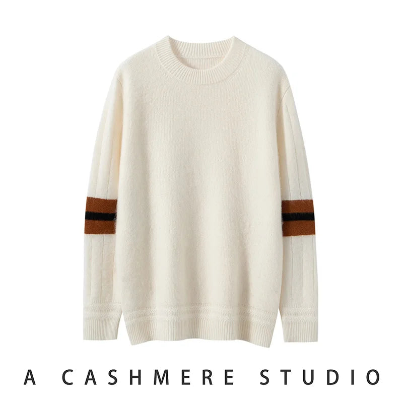 ADDONEE Heavyweight Men's Autumn Winter Thick 100% Cashmere Pullover Sweater O-neck Long Sleeve Striped Cashmere Knitwear