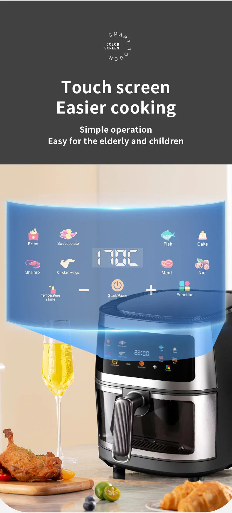 Multifunction Visible Air Fryer Stainless Steel Shell 8L Thermal Cycle Oil-free Non-Stick Touch Screen Electric Frying Oven