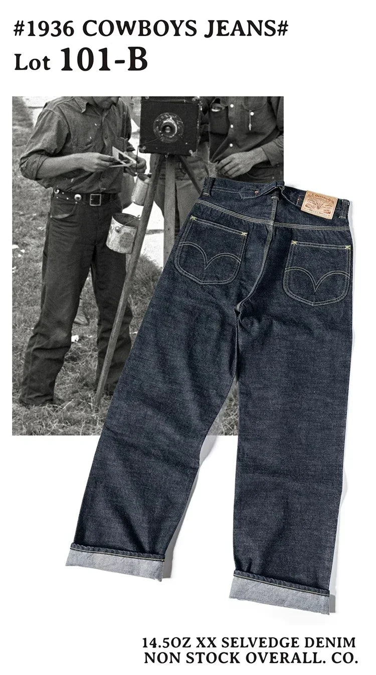 Non Stock 1936 Model Cowboy Selvedge Denim Jeans 36101B Amekaji Cinch Back Men Pants