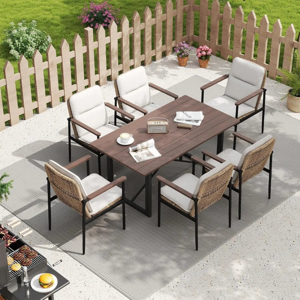 7 Piece Patio Dining Set Outdoor, 6 Wicker Chairs with Aluminum Frame and Olefin Cushions, Large Wooden Dining Table