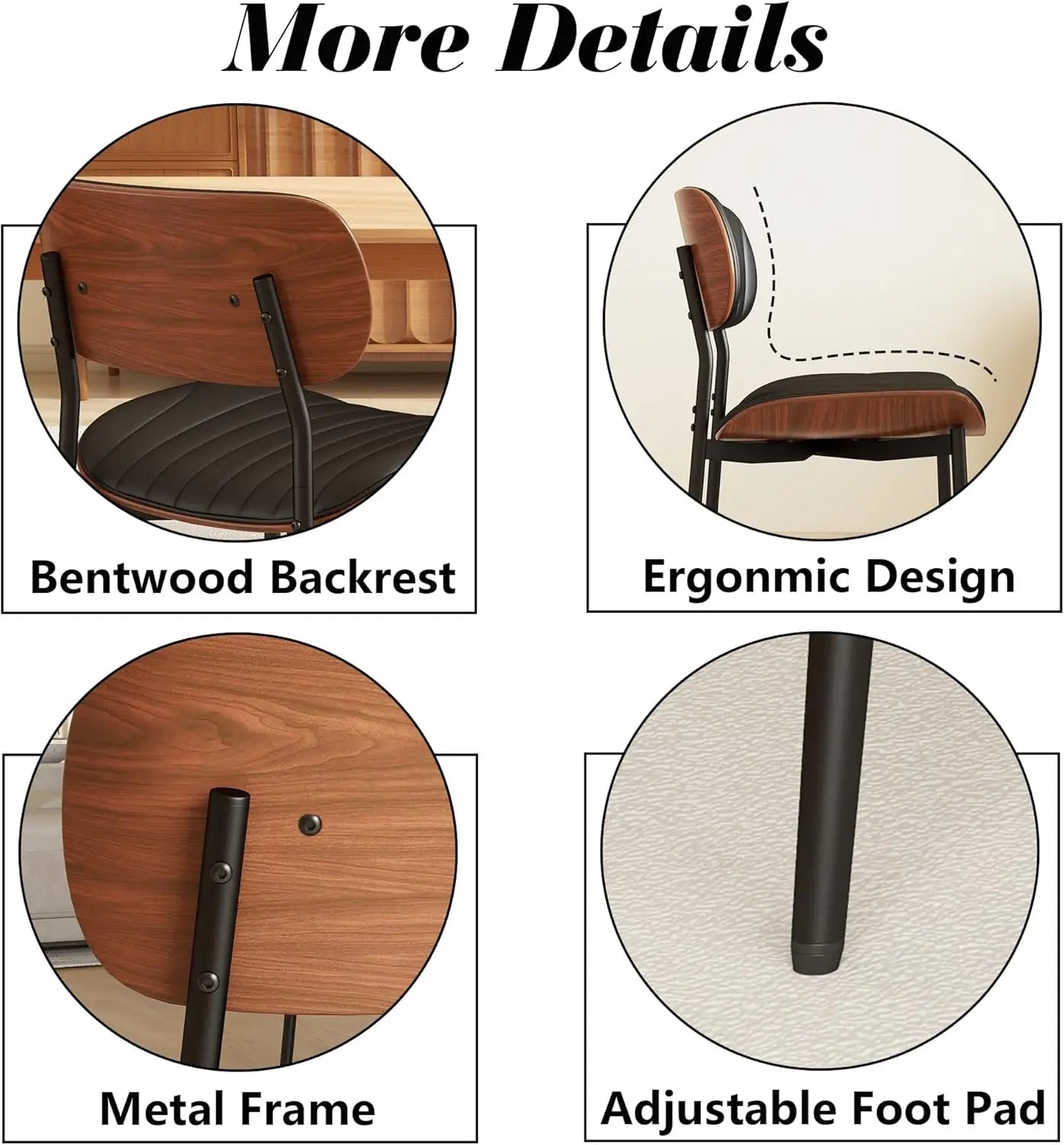 Modern PU Leather Dining Room Chairs Set of 6, Upholstered Kitchen Chairs with Walnut Bentwood Back and Metal Legs Adjustable