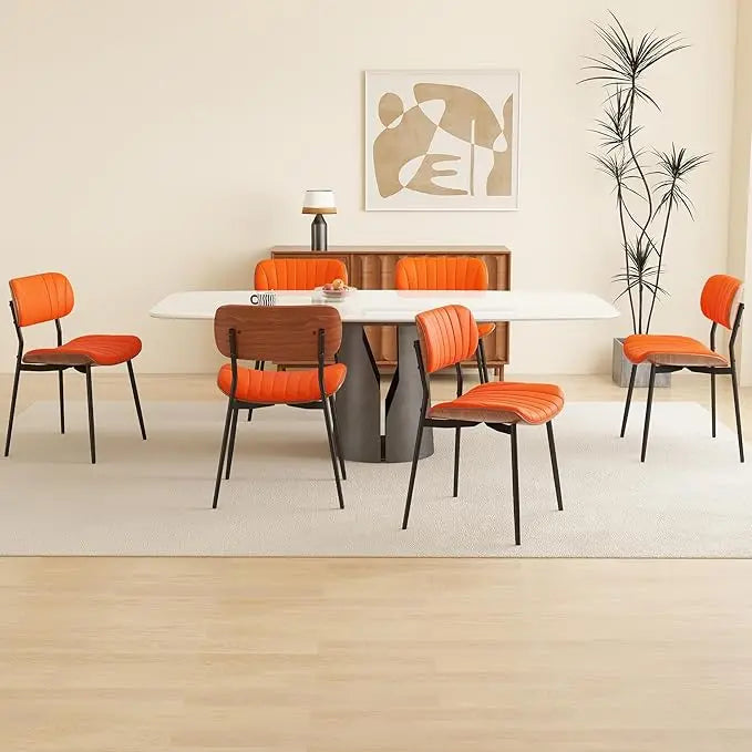 Modern PU Leather Dining Room Chairs Set of 6, Upholstered Kitchen Chairs with Walnut Bentwood Back and Metal Legs Adjustable