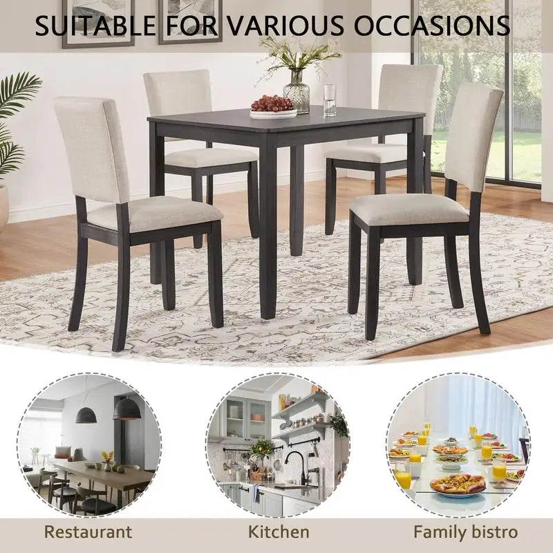 Modern 5-Piece Wooden Dining Table Set for 4, Includes 4 Chairs, Ideal for Living Room, Kitchen, and Dining Room, Antique Black