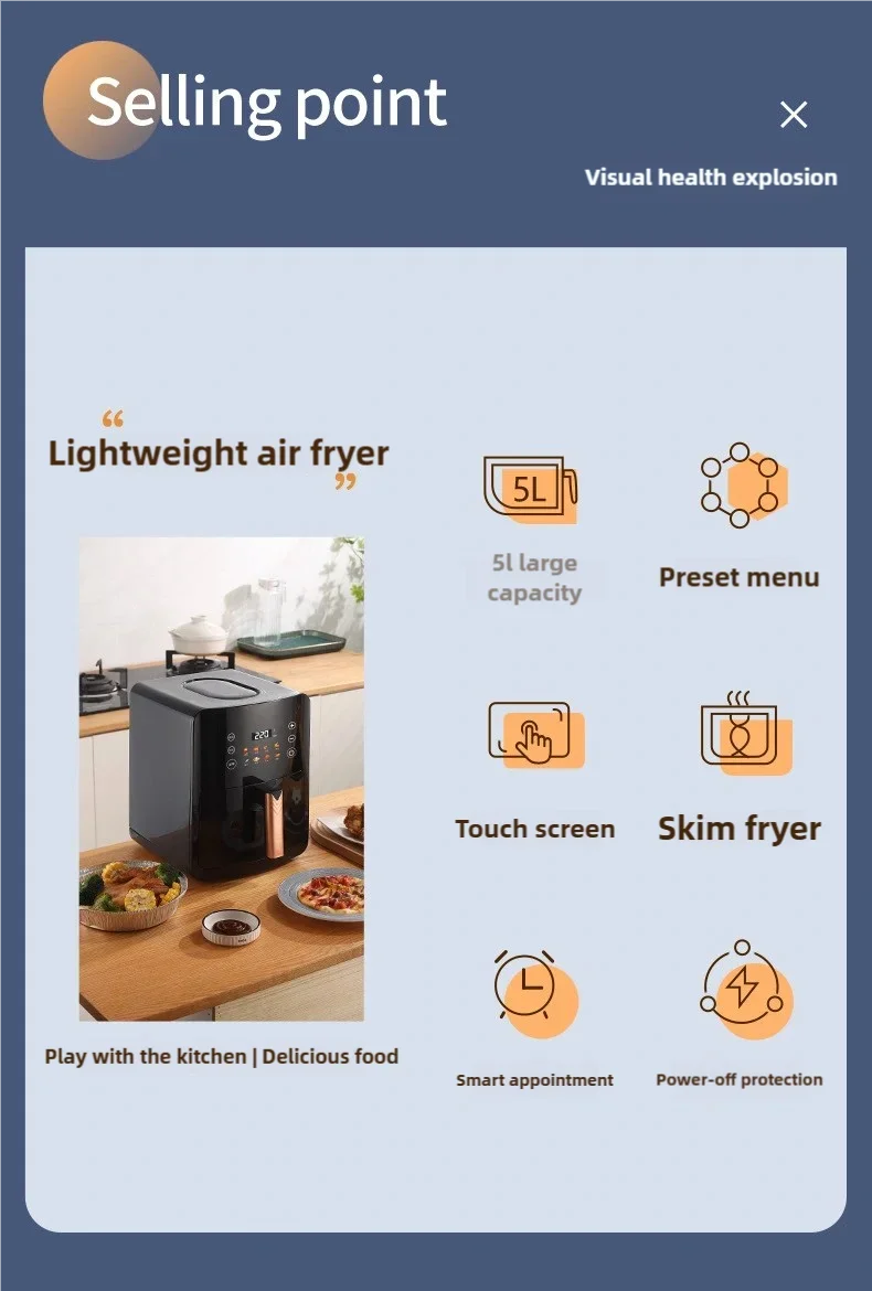 5L Electric Deep Fryer with LCD Display Smart Automatic Glass Oven Air Fryer for Household Food Processing And Baking