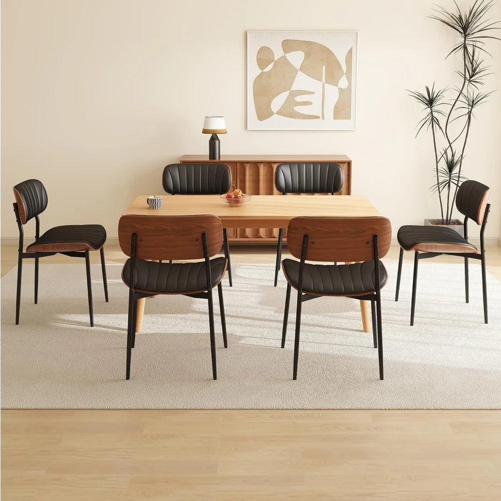 Modern PU Leather Dining Room Chairs Set of 6, Upholstered Kitchen Chairs with Walnut Bentwood Back and Metal Legs Adjustable