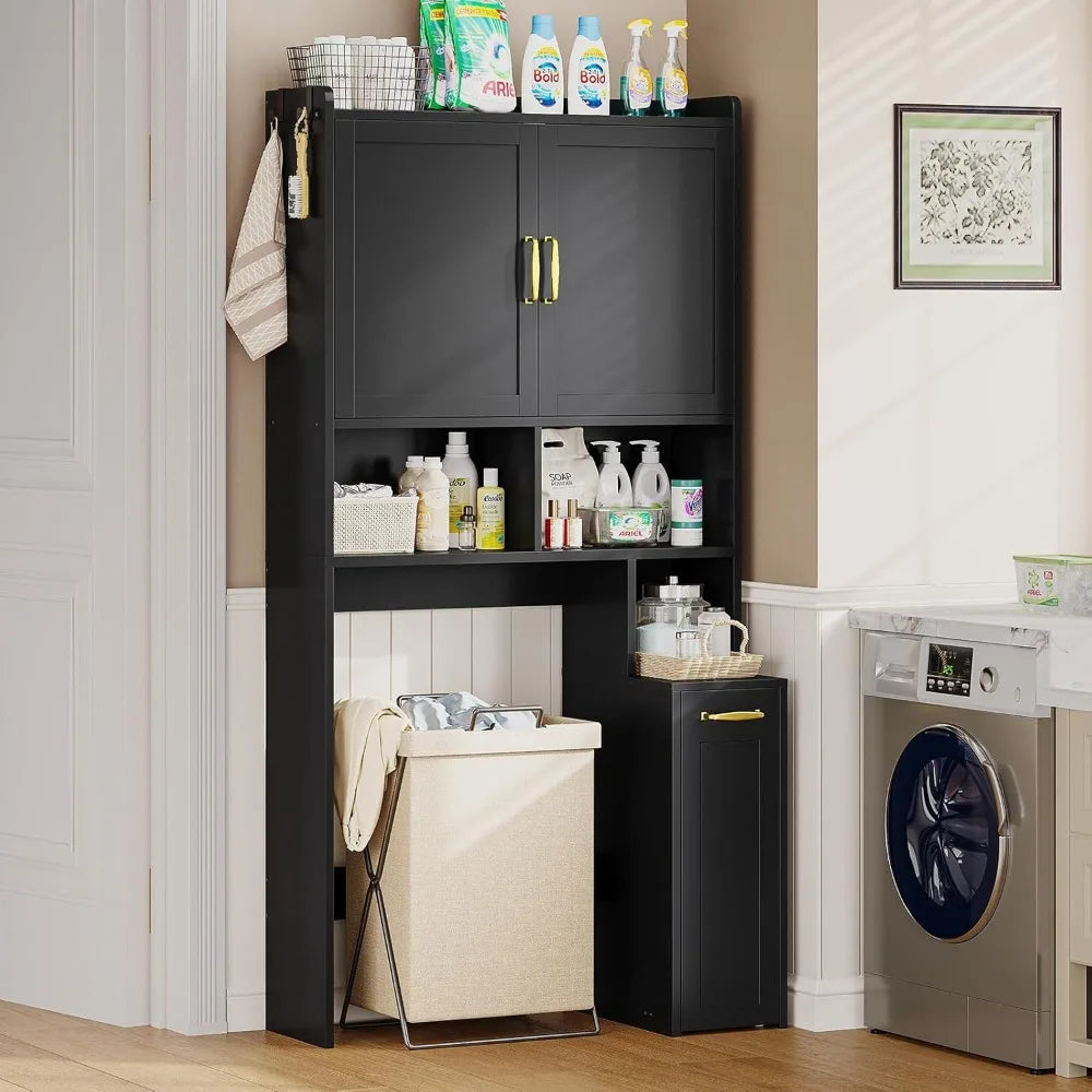 Over The Toilet Storage Cabinet with Pulley Small Bathroom Storage Cabinet, Space Saver W/Adjustable Shelf & Open Shelf for Bath