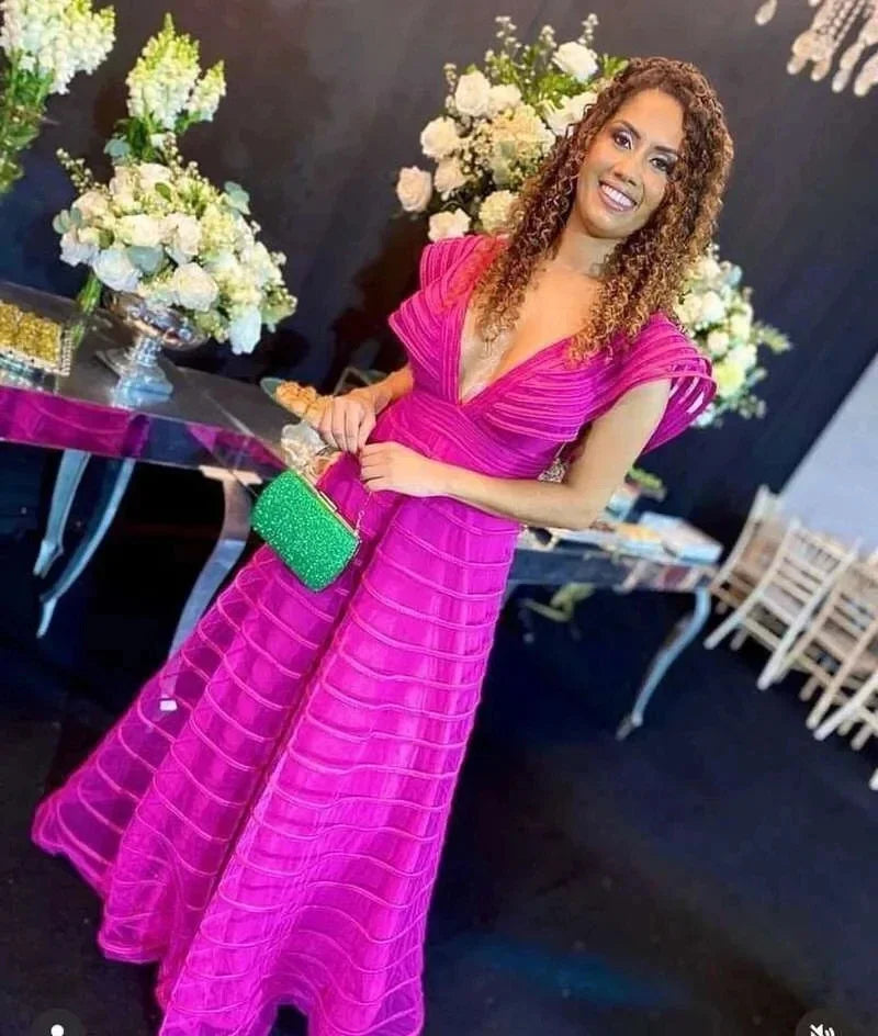 A-Line Fuchsia Formal Dresses Pleat Sleeveless Prom Gown for Woman Deep V-Neck Wedding Party Dress robe de bal Customized