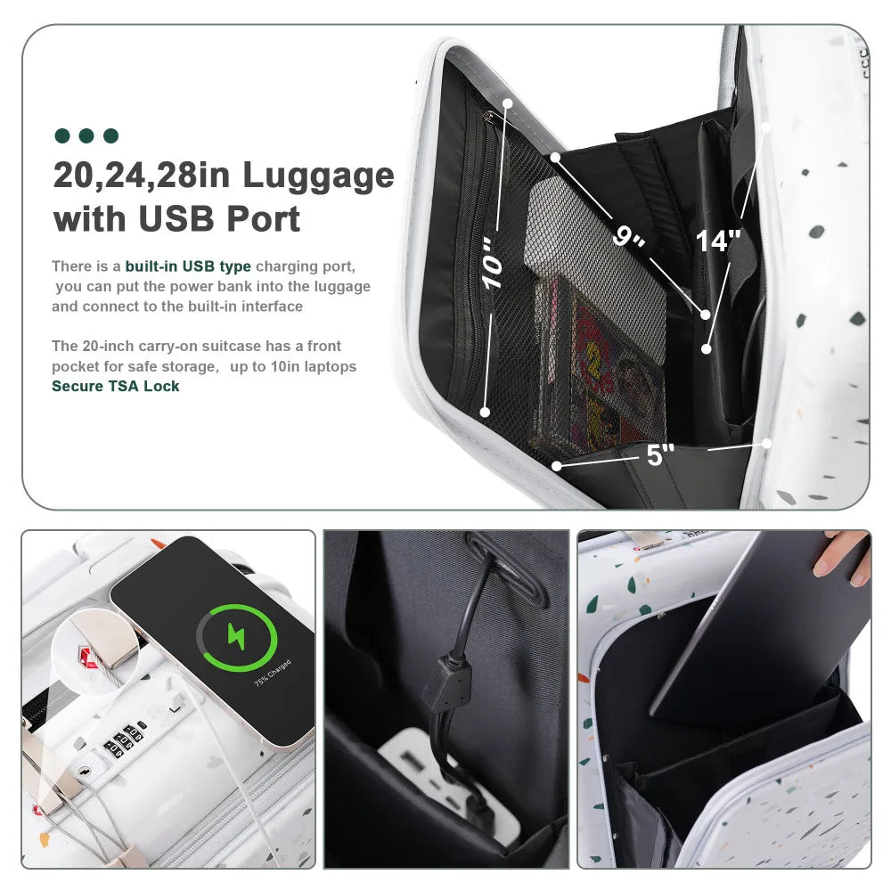 USB Port 20 24inch Front Opening Design Airline Certified Carry on Luggage ABS+PC Hard Shell Luggage with Spinner Wheels