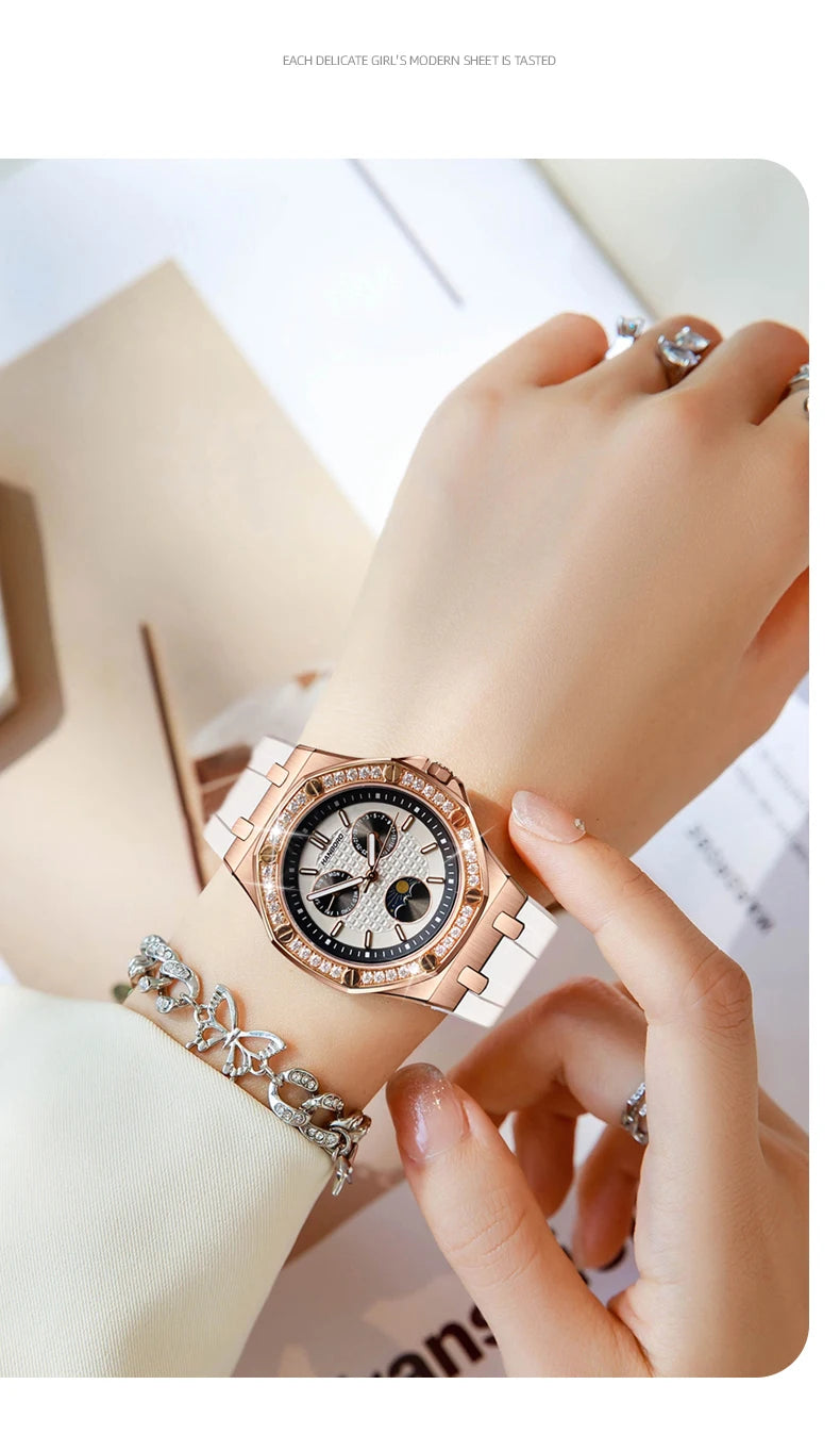 Hanbro Women Luxury Watch 37mm Ladies Vintage Quartz Wristwatch Luminous Waterproof Silicone Strap Week Date Triple Windows