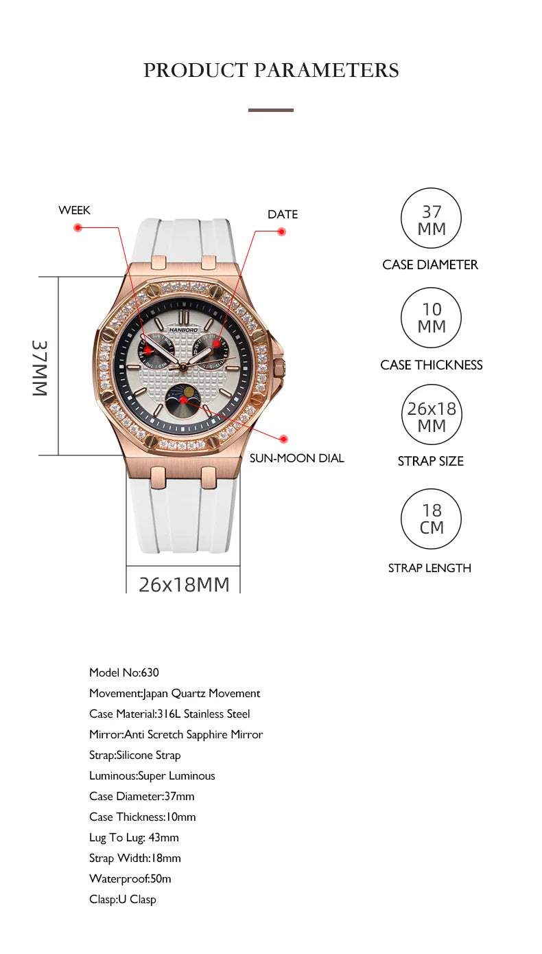 Hanbro Women Luxury Watch 37mm Ladies Vintage Quartz Wristwatch Luminous Waterproof Silicone Strap Week Date Triple Windows