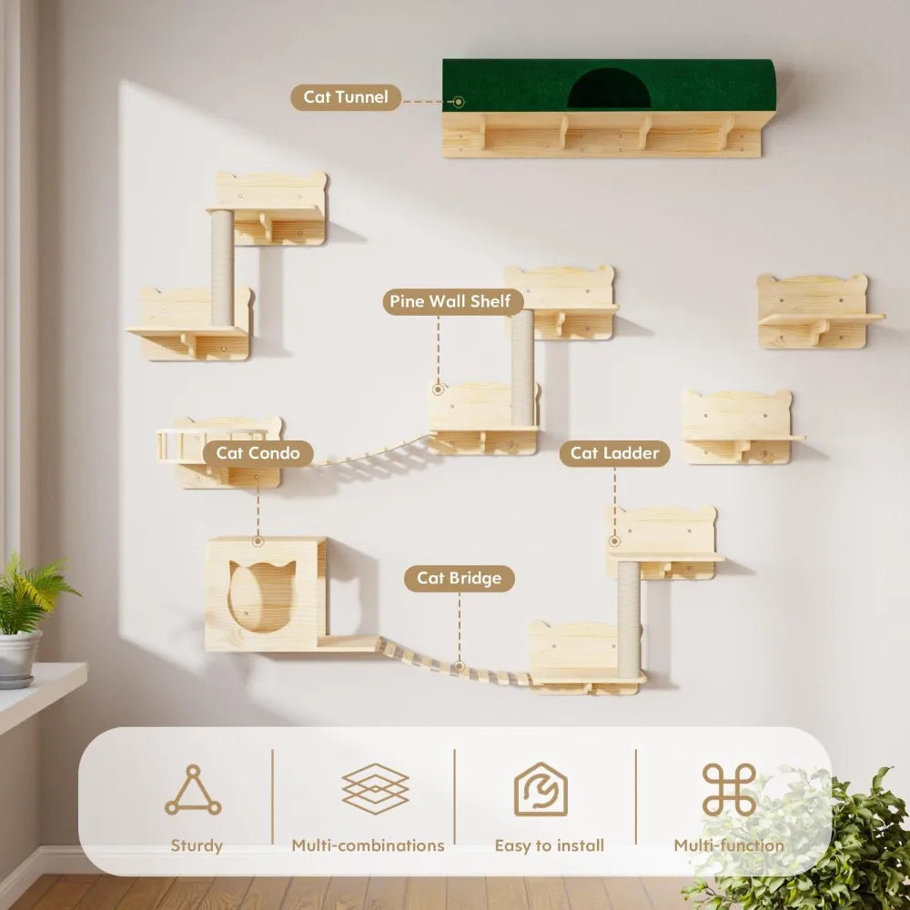 Cat Wall Shelves, Pine Wooden Cat Wall Furniture, 16 Pcs Cat Shelves for Climbing, Wall Climber with House, Shelf with Bridge La