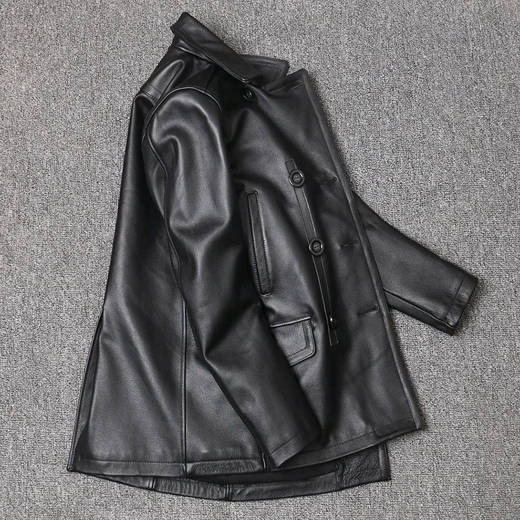 Genuine Leather Jacket Men's Top Layer Cowhide Jacket Mid-Length Men's Lapel Windbreaker Slim-Fit Jacket Double-Breasted