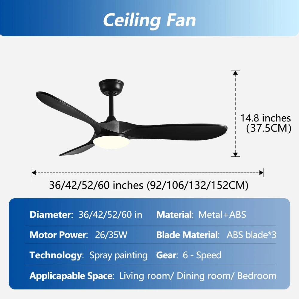 36 42 52 60 Inch Ceiling Fan Industrial Vintage ABS Ventilator with Light Remote Control Decorative Blower Retro Large Fans