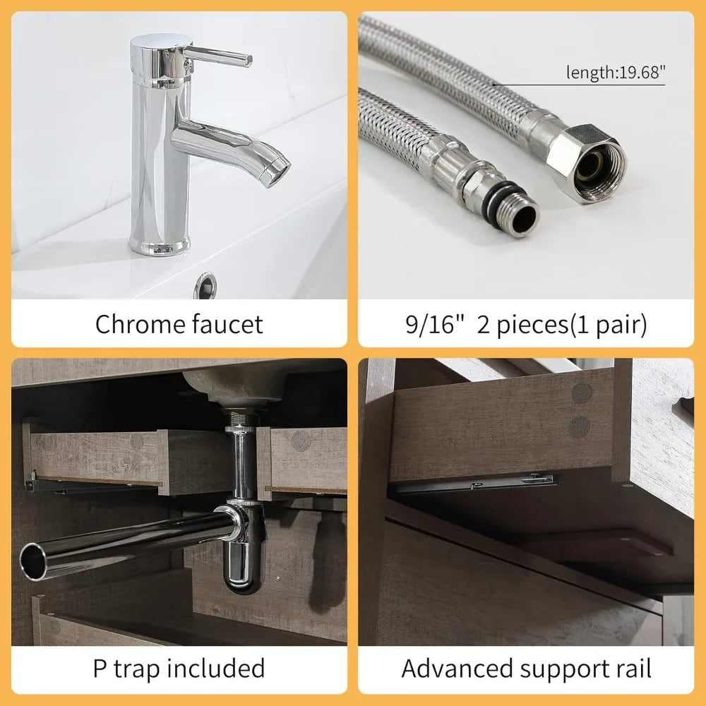 32" Bathroom Vanity and Sink Combo Cabinet Undermount Ceramic Vessel Sink Chrome Faucet Drain with Mirror and Shelf Vanities Se