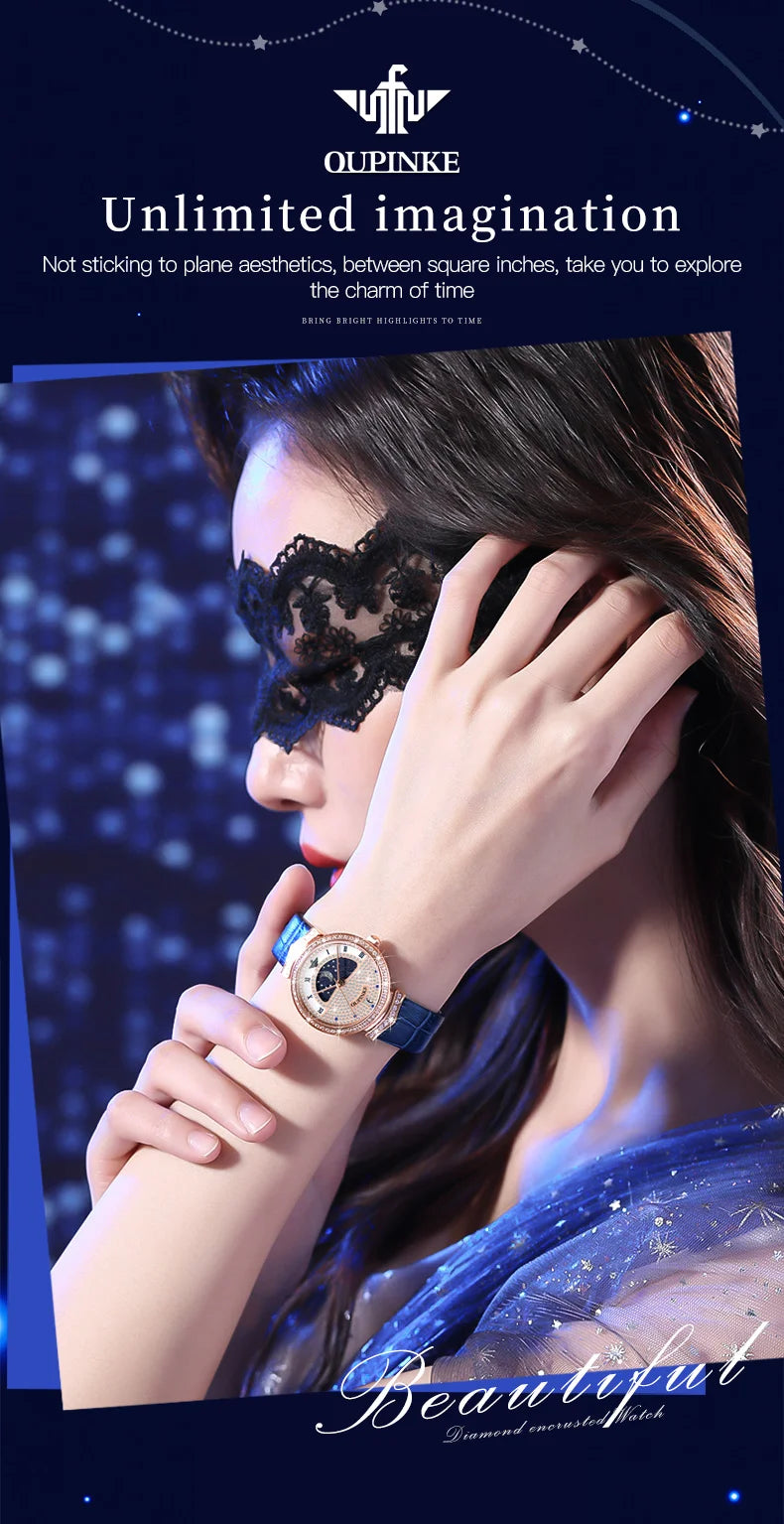 OUPINKE Original Women Watch Ladies Analog Quartz Diamond Wristwatch Stainless Steel Moon Phase 5Bar Waterproof Luxur Brand 3216