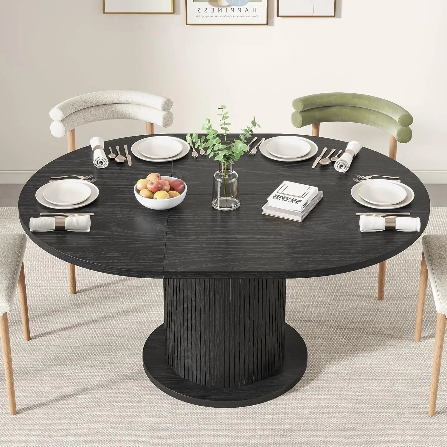 43.3 inch 59 inch Adjustable Size Round Dining Table for 4 6, Unique Design Modern Farmhouse Kitchen Table, Circle Dining