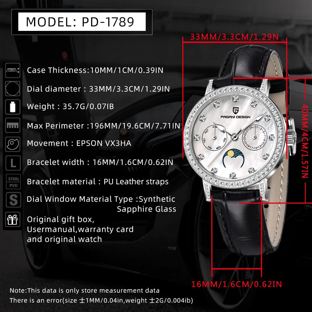 PAGANI DESIGN Luxury Original Watch for Women Stainless Steel Strap Luminous Waterproof Auto Date Diamond Ladies Quartz Watch