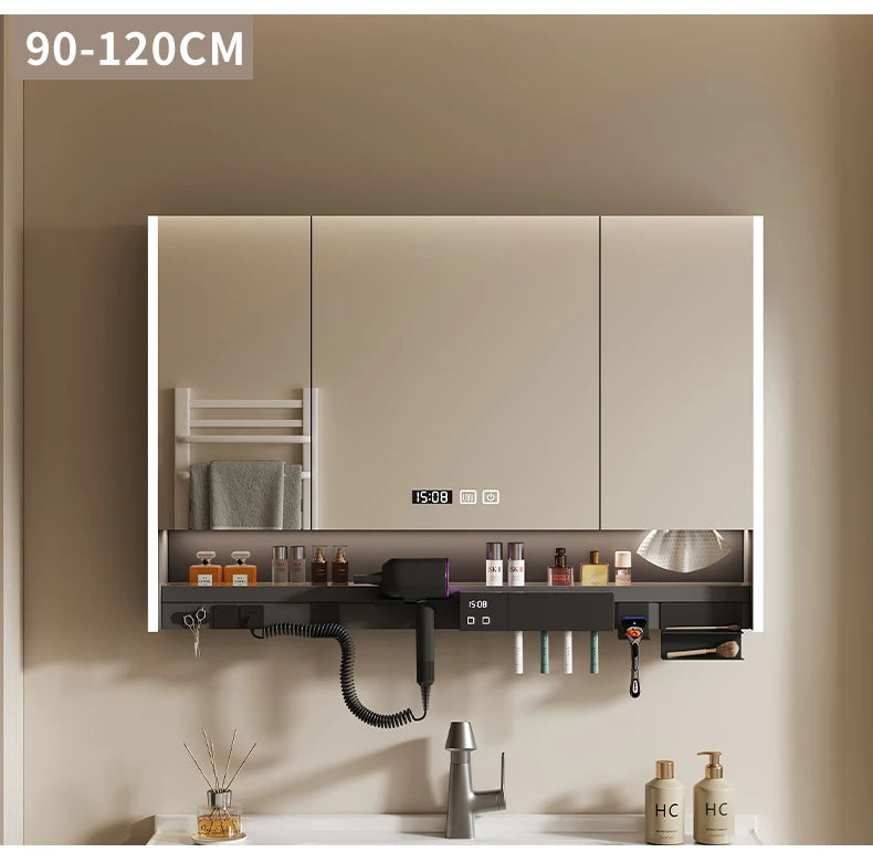 Nordic Luxury Smart Bathroom Mirror Cabinet Wall-mounted LED Light Anti-fog Bathroom Mirror Simple Bathroom Furniture FYBC