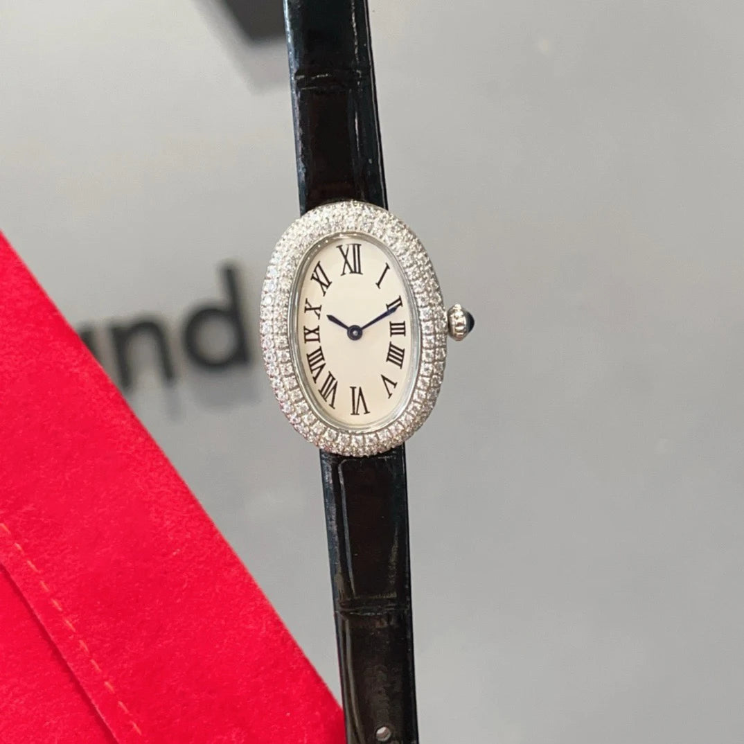 Brand Wrist Watches Woman Girl High Quality 23mm Diamond Oval Style Japanese Quartz Movement Leather Strap Clock CT80