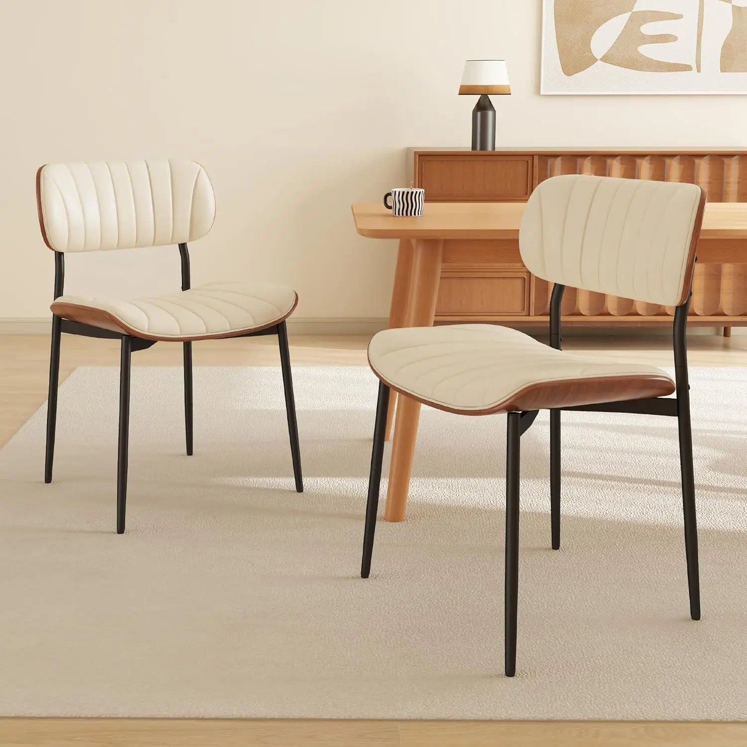 Modern PU Leather Dining Room Chairs Set of 6, Upholstered Kitchen Chairs with Walnut Bentwood Back and Metal Legs Adjustable