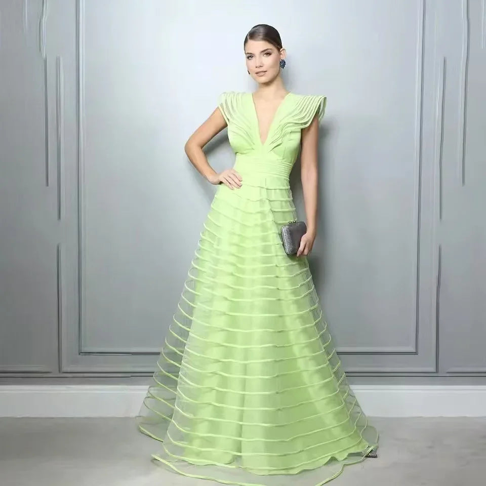 A-Line Fuchsia Formal Dresses Pleat Sleeveless Prom Gown for Woman Deep V-Neck Wedding Party Dress robe de bal Customized