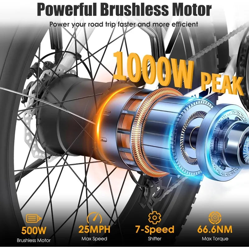 Bike for Adults, Peak 1000W Ebike, 25MPH 60Miles Electric Mountain Bike, 26" Fat Tire Adult Electric Bicycle with 48V 1