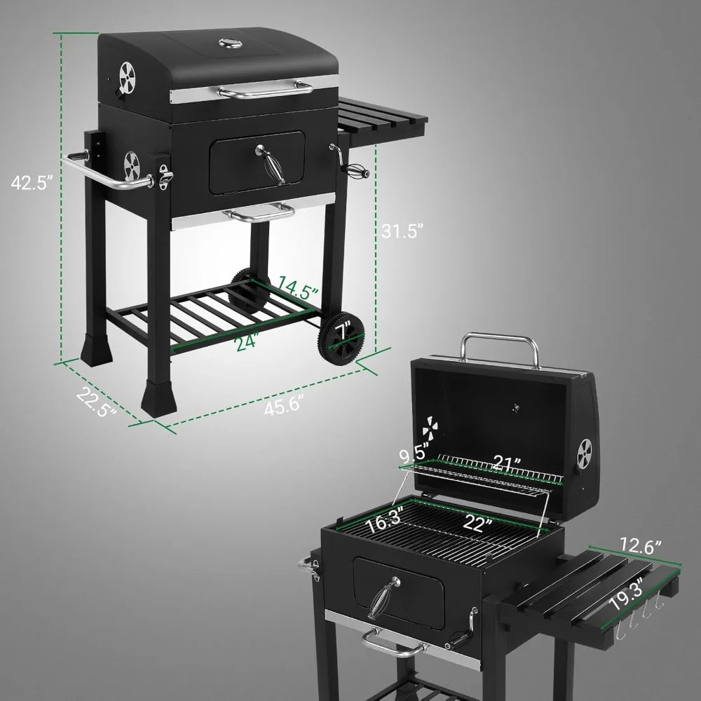 24 Inch Large Charcoal Grills with Foldable Side Table, Outdoor Barbecue Grill with 560 Sq. In. Cooking Area, BBQ Grill Charcoal