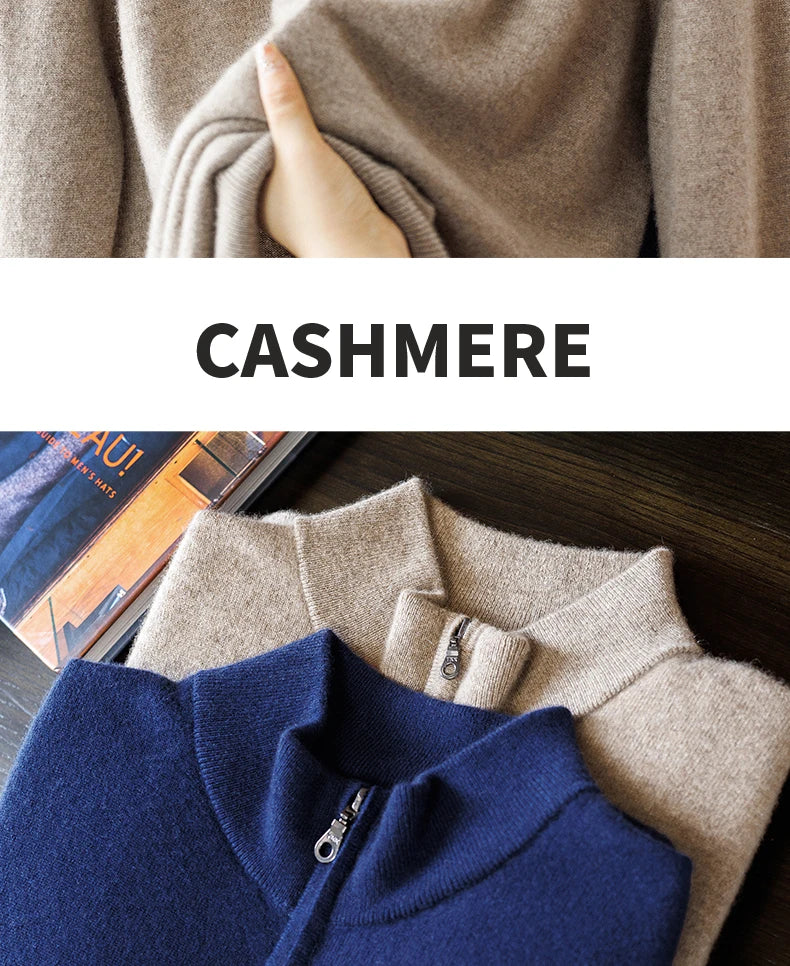 Class A 100% Pure Cashmere Men's Sweater Autumn Winter Semi Open Collar Zipper Pullover Sweater, Casual Business Men's Clothing