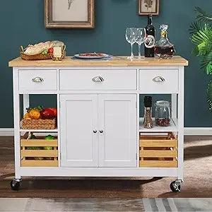 Kitchen Island Cart on Wheels - Mobile Kitchen Island with Drop Leaf, Rolling Kitchen Table with Storage