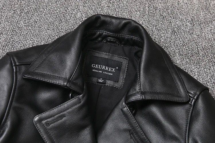 Genuine Leather Jacket Men's Top Layer Cowhide Jacket Mid-Length Men's Lapel Windbreaker Slim-Fit Jacket Double-Breasted