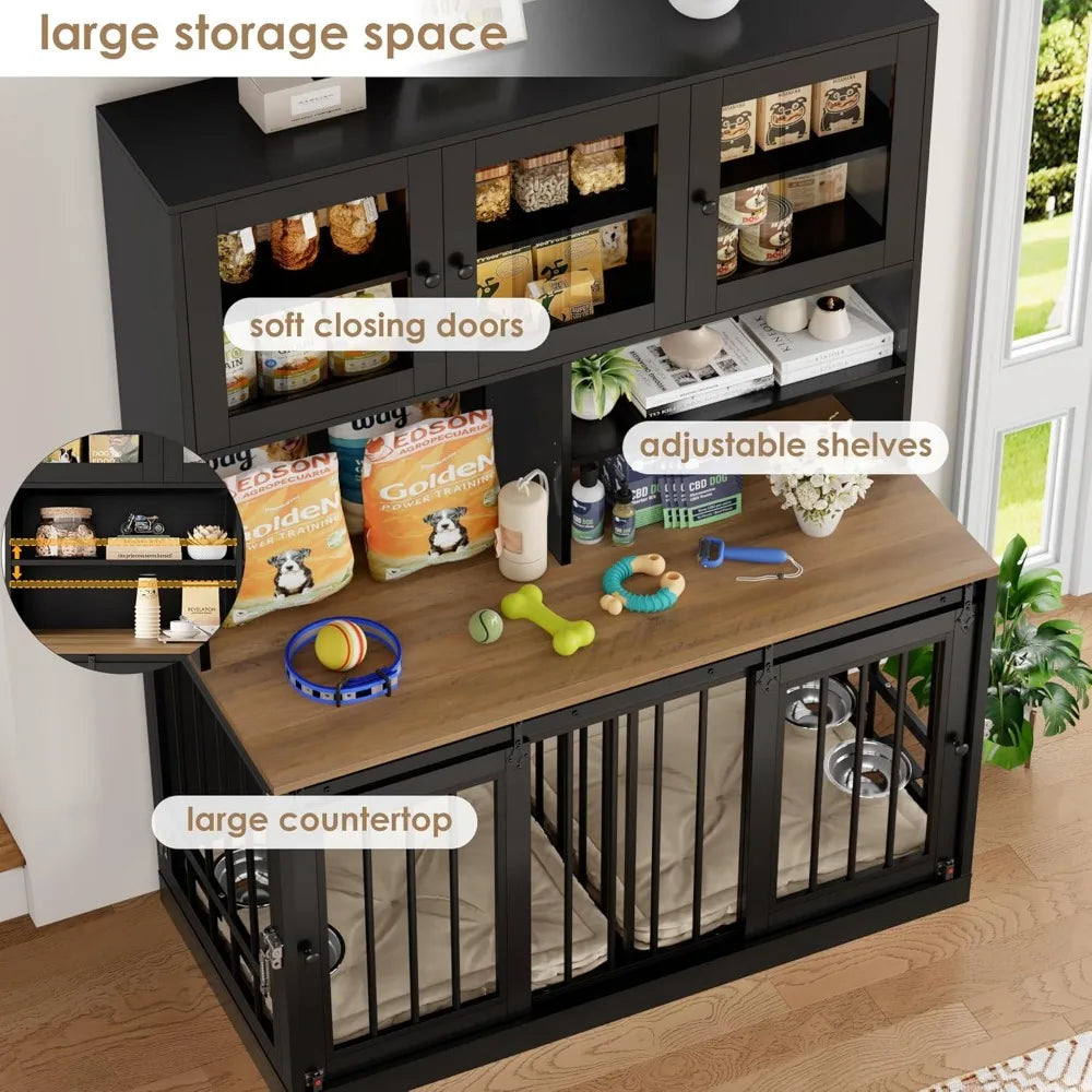 Dog Crate Furniture for Large Dogs for 2 Pets with Divider, Front&Sides 4 Doors Dog Kennel with Feeding Bowls, Indoor Cage/Side
