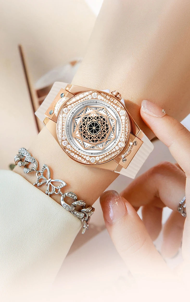 HANBORO Women Luxury Watch 36mm Ladies Quartz Wristwatch Luminous Waterproof Silicone Strap 112pcs Crystal