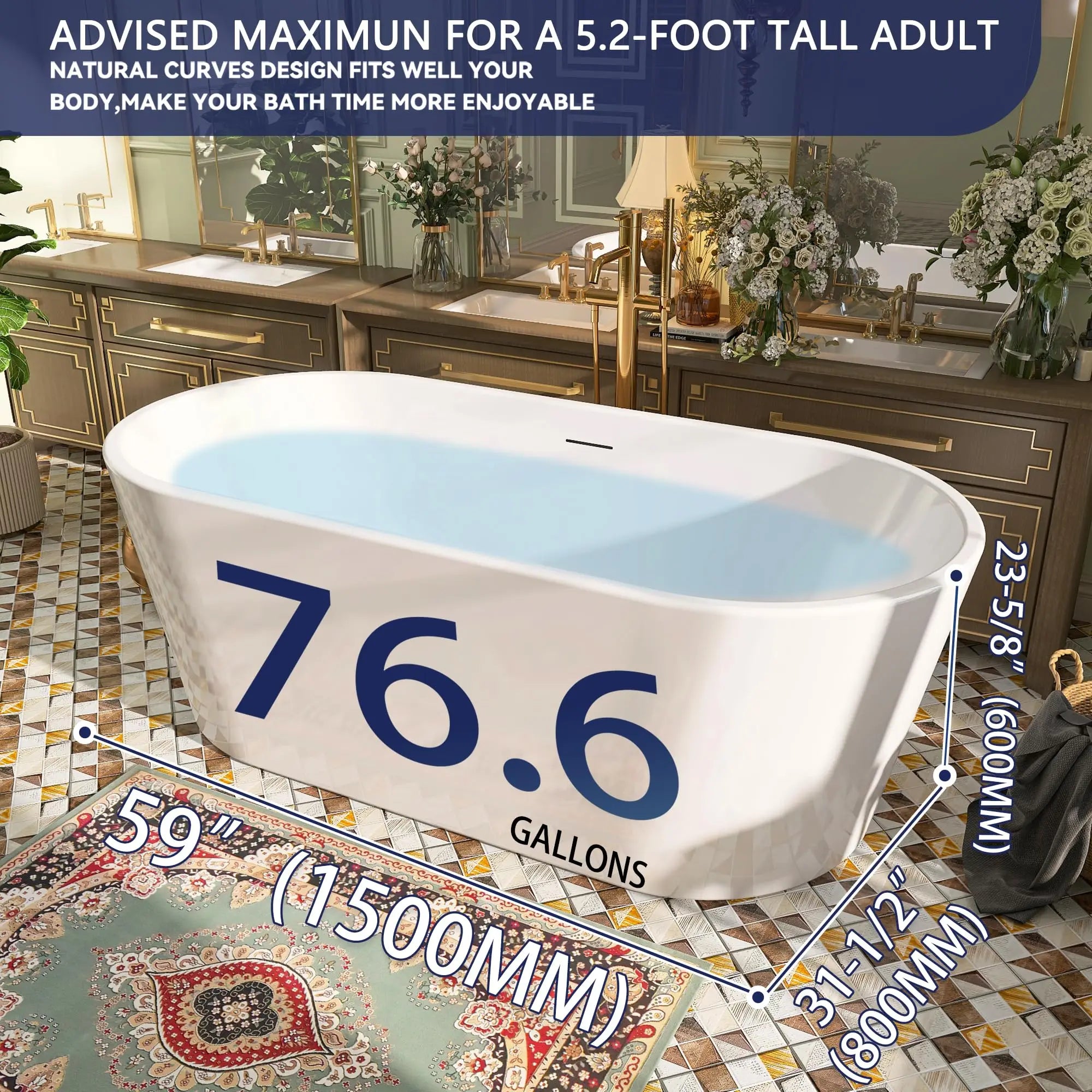 59" Acrylic Free Standing Tub, Stand Alone Tub, Freestanding Bathtub, Soaking Bathtub, cUPC Certified