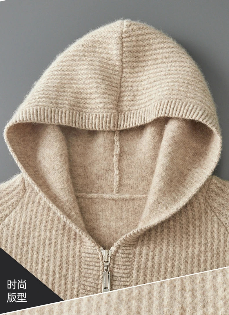 New Men's Thick Zipper Hoodie Cardigan100% Merino Wool Knitted Sweater Casual Loose Autumn/Winter Warm Hoodie Long Sleeve Jacket