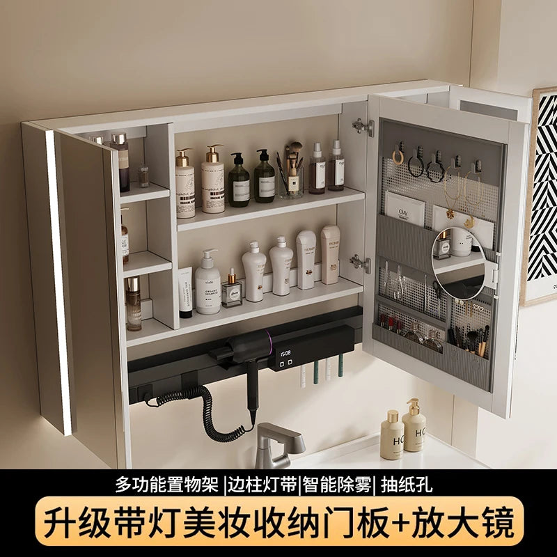 Nordic Luxury Smart Bathroom Mirror Cabinet Wall-mounted LED Light Anti-fog Bathroom Mirror Simple Bathroom Furniture FYBC
