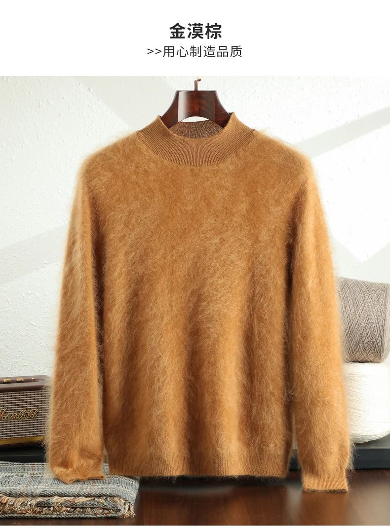 2024 Men 100% Plush Cashmere Sweaters Mock Neck Basic Pullovers Long Fluff Pure Brushing Cashmere Half High Collar Jumper Winter