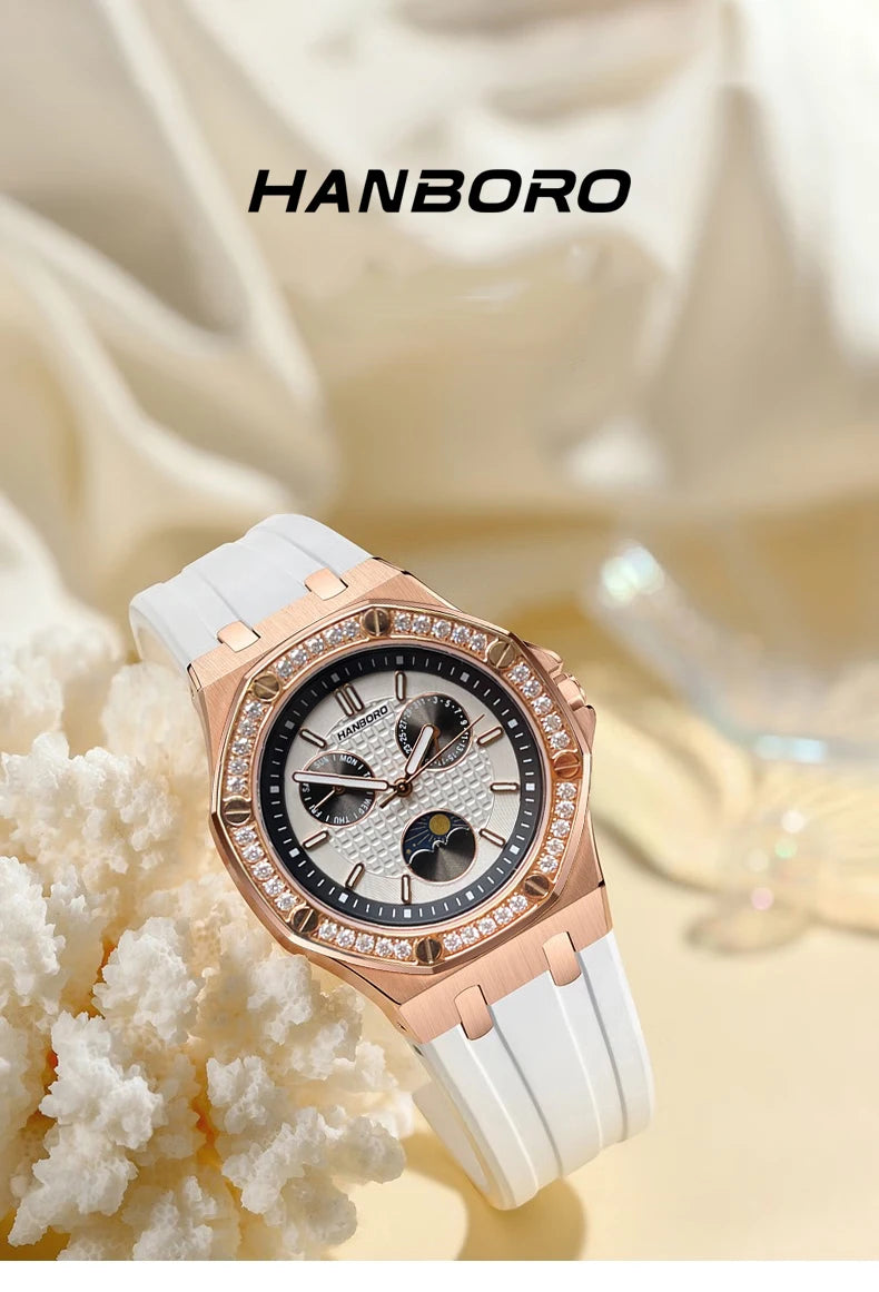 Hanbro Women Luxury Watch 37mm Ladies Vintage Quartz Wristwatch Luminous Waterproof Silicone Strap Week Date Triple Windows