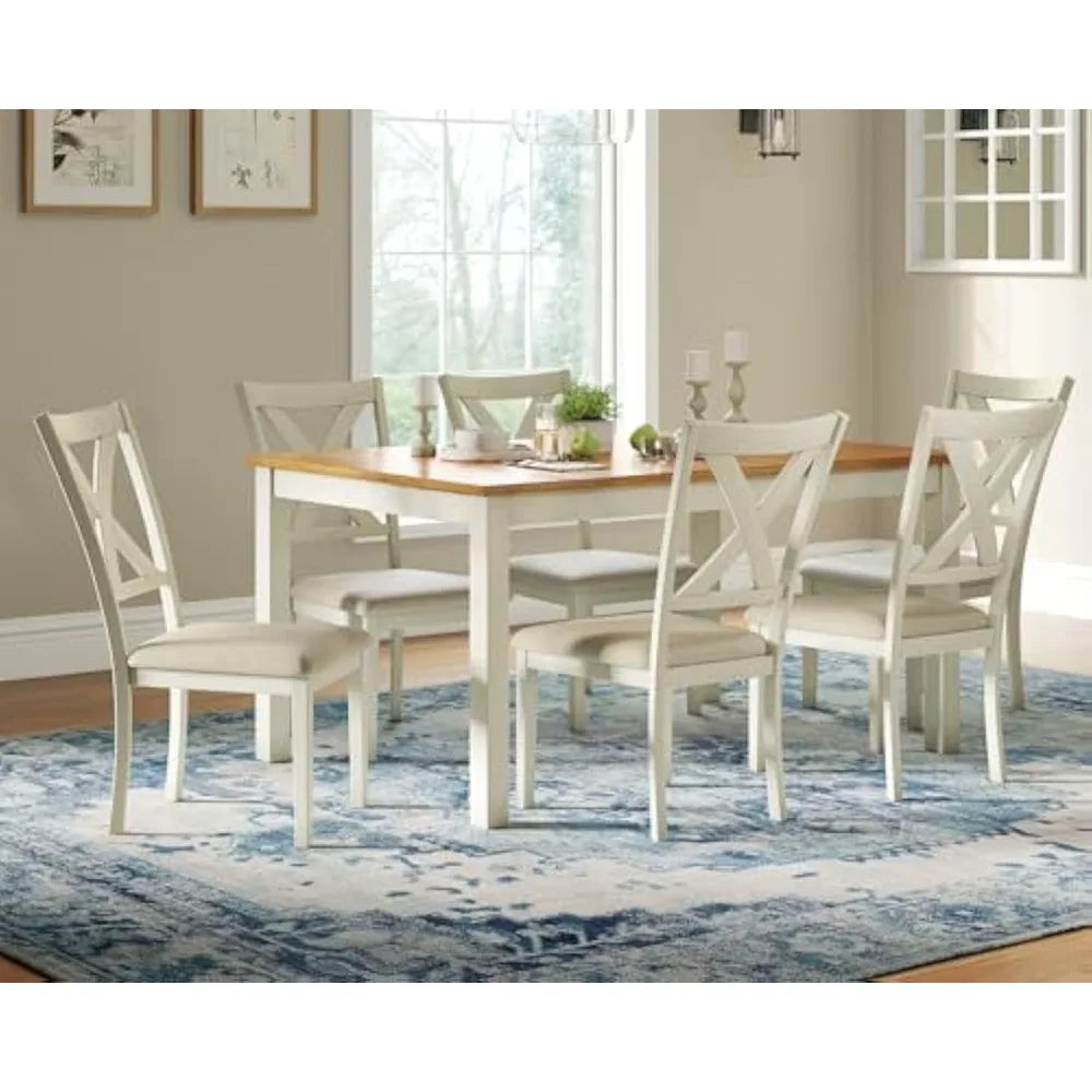 7-Piece Farmhouse Solid Wood Dining Table Set with 6 Upholstered Chairs, 60" Space Saving Dinner Table & Chairs