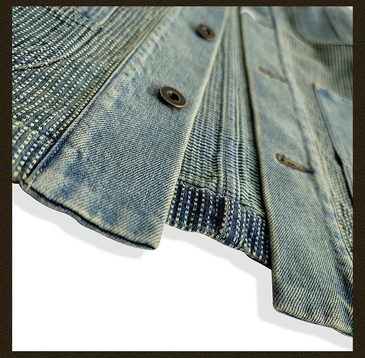 Amekaji Wear Clothes Men Blue Dyed Denim Robe Jacket Cardigan Coat Retro Washed Dyed Distressed