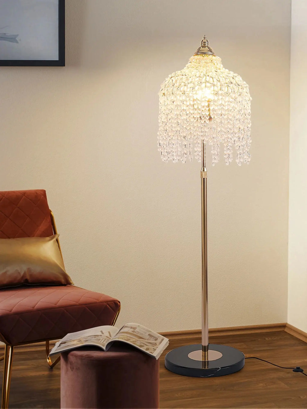 63” 3-Light Gold Crystal Floor Lamp with Grape Shaped Crystal Bead String and Marble Textured Base for Living Room Den Bedroom