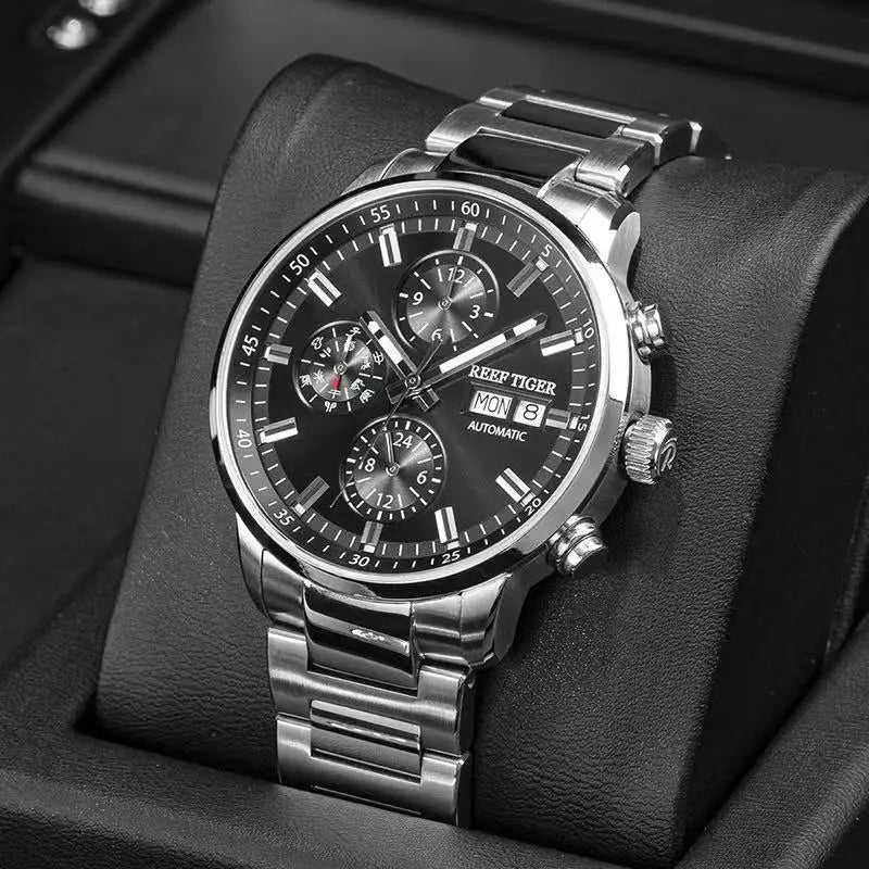 reef tiger Men's Mechanical Watch, Fully automatic multi-functional dual calendar business men's watch, waterproof men's timepie