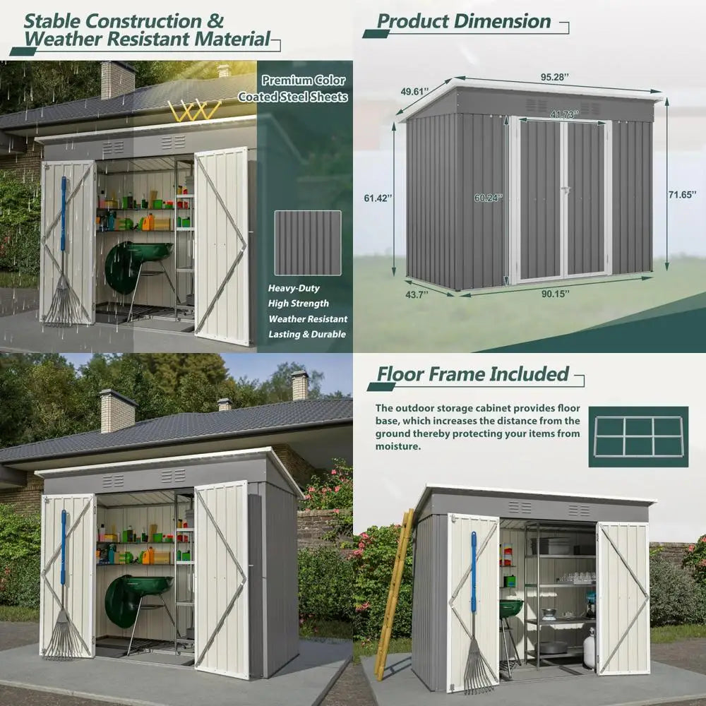 Outdoor Storage Shed - 4x8 Lean-to Design with Floor, Metal Construction, Lockable Door, and Air Vents for All-Weather Garden To