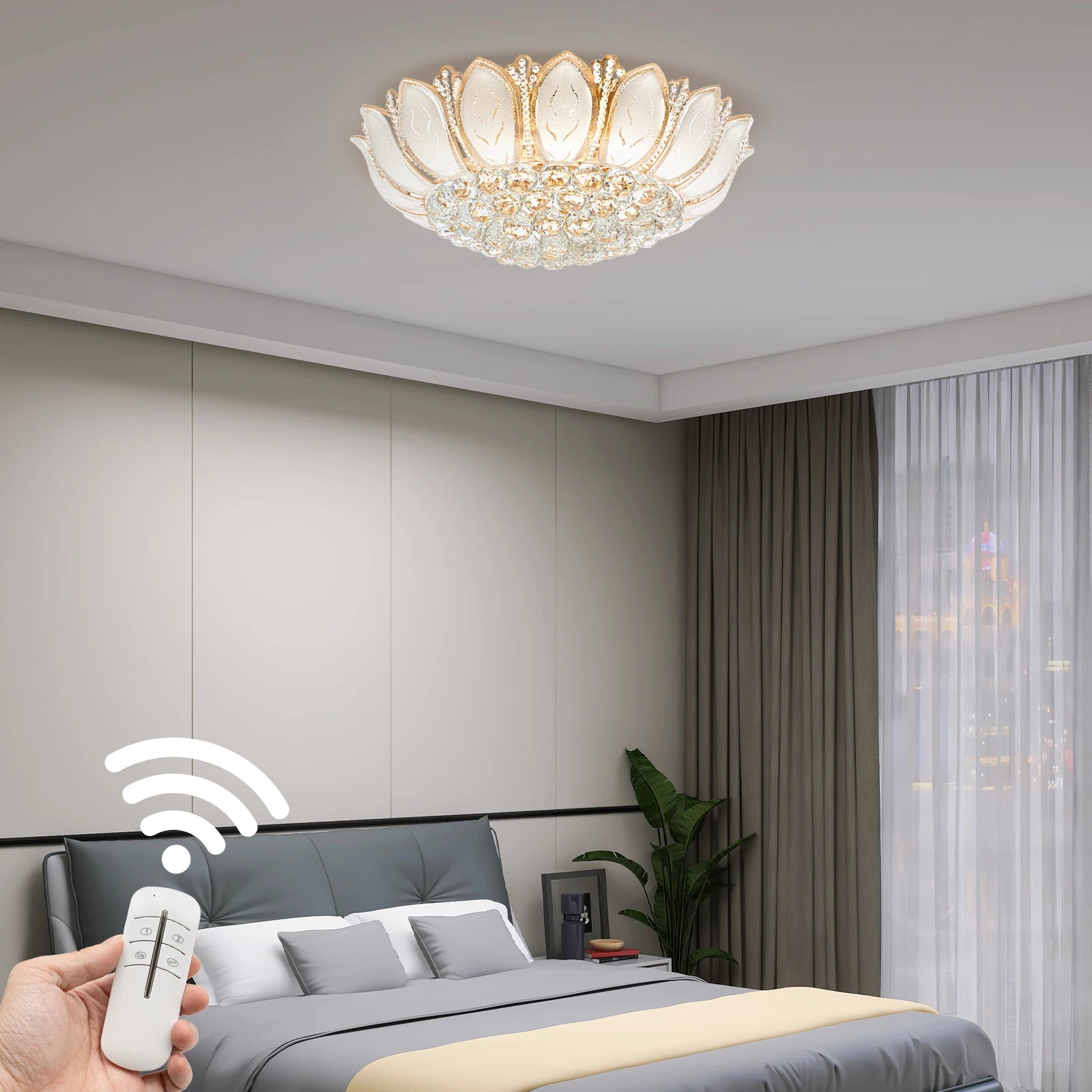 White Lotus Flower 360° Illumination Ceiling Light with 7 E12 Standard Bulb Base and Battery for Restaurants, Galleries, Hotels