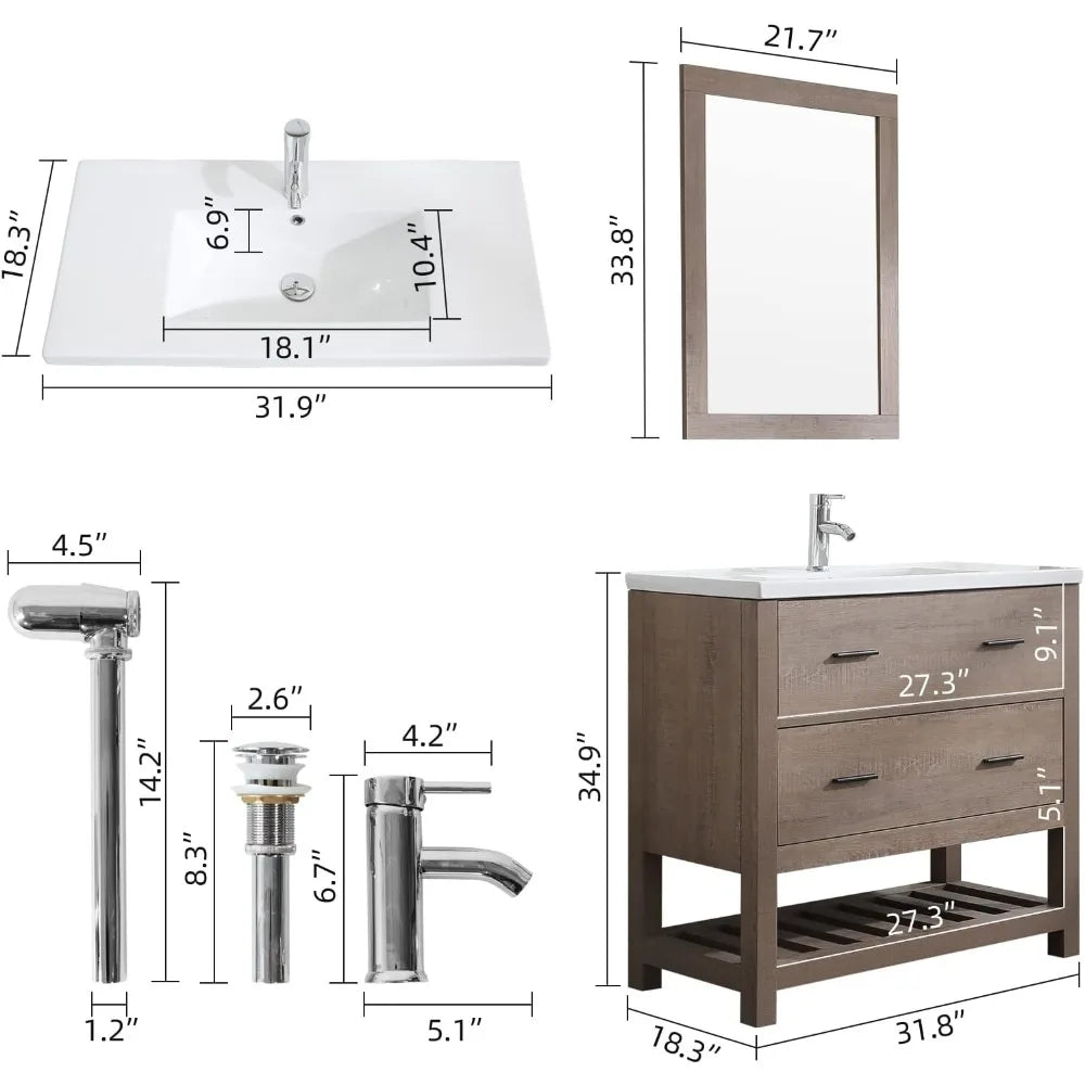 32" Bathroom Vanity and Sink Combo Cabinet Undermount Ceramic Vessel Sink Chrome Faucet Drain with Mirror and Shelf Vanities Se