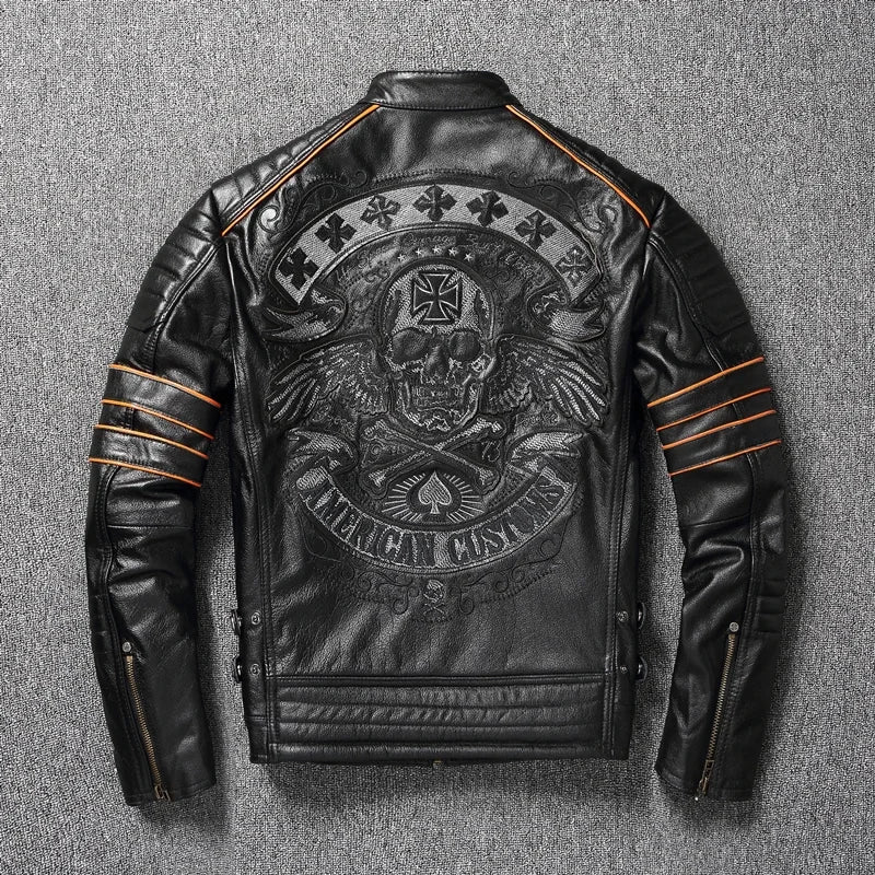 2023 New Skull Embroidery Men's First Layer Cowhide Leather Jacket Motorcycle Slim  Oversize Coat
