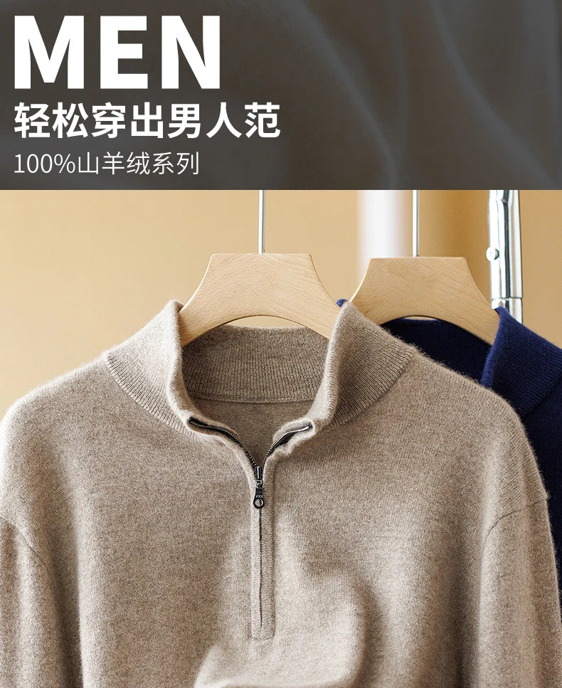 Class A 100% Pure Cashmere Men's Sweater Autumn Winter Semi Open Collar Zipper Pullover Sweater, Casual Business Men's Clothing