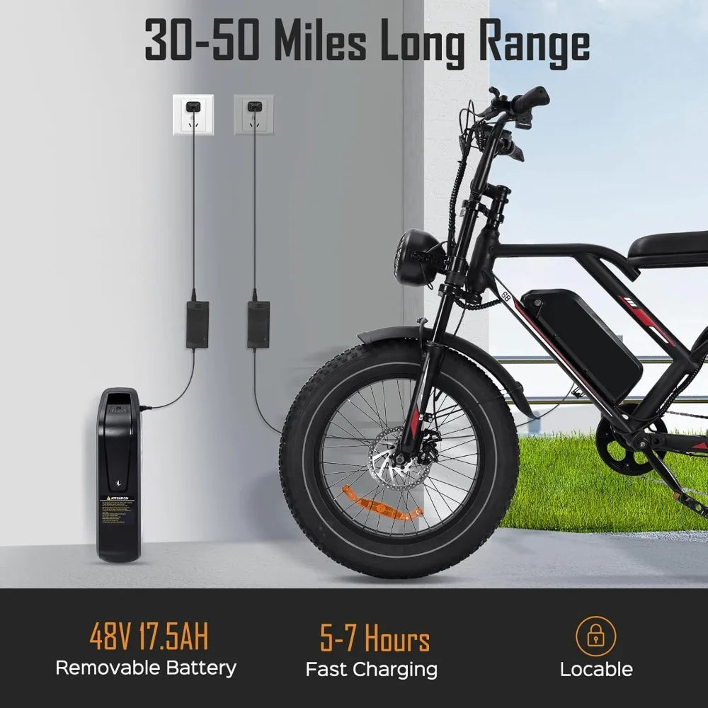 Outdoor Tools/Electric Bike for Adult,1000/3000W 20"Fat Tire 48V 17.5/25AH Removable Battery,Max 50/70 Miles Electric Motorcycle